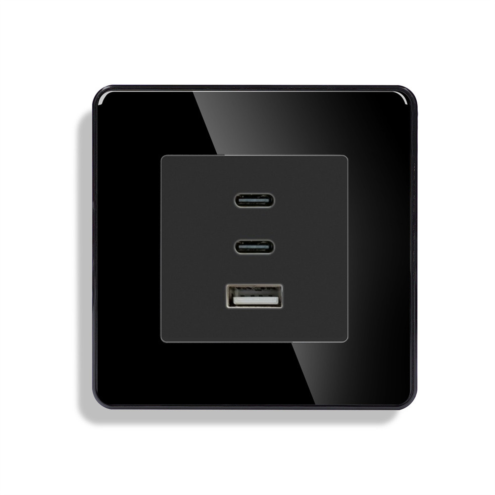 Розетка USB Type-C ELIOS з 65Вт, чорна, настінна, дизайнерська, скляна рамка