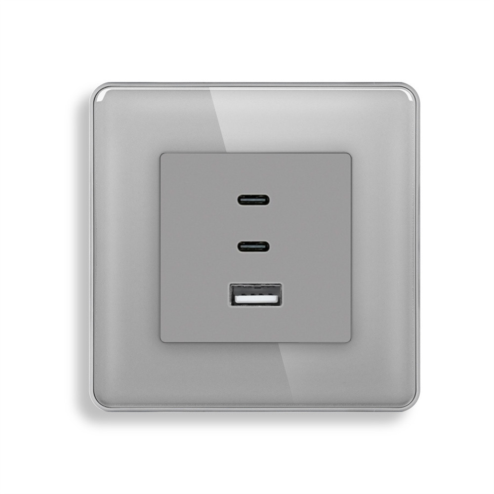 Розетка USB Type-C ELIOS з 65Вт, сіра, настінна, дизайнерська, скляна рамка