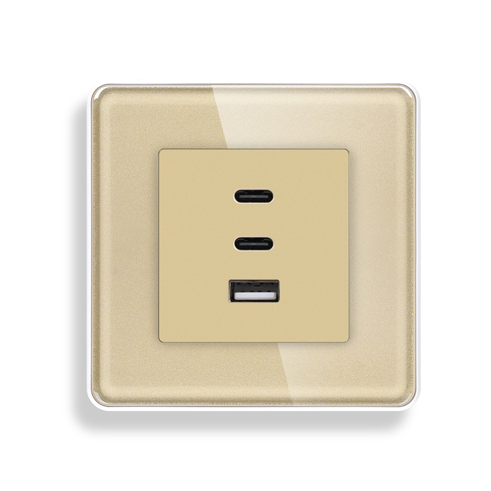 Розетка USB Type-C ELIOS з 65Вт, золота, настінна, дизайнерська, скляна рамка