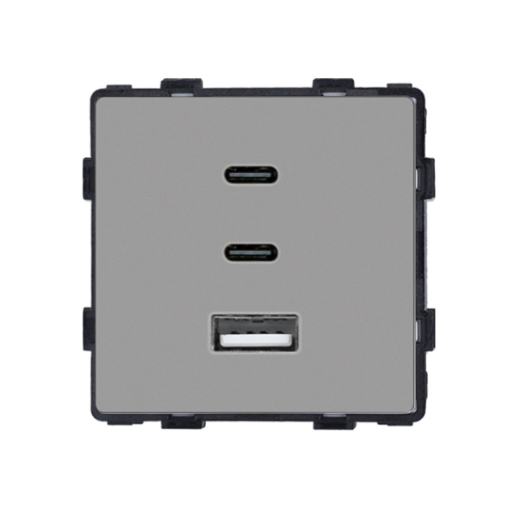 Розетка USB Type-C 65Вт, ELIOS, сіра скляна рамка, настінна, дизайнерська, швидка зарядка