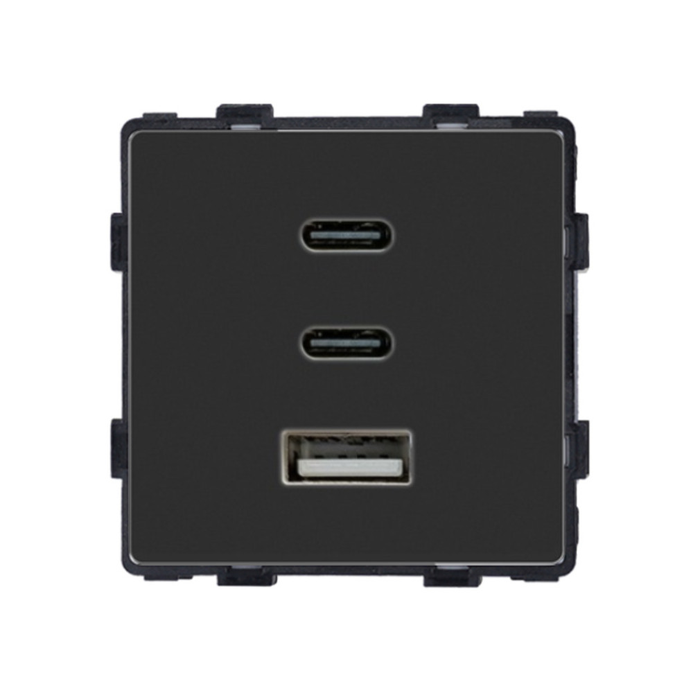 Розетка USB Type-C 65Вт, ELIOS, чорна скляна рамка, настінна, дизайнерська, швидка зарядка