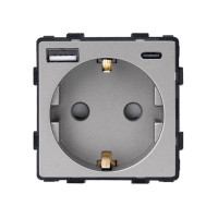 Електрична розетка з USB A+C 20 Вт для зарядки, ELIOS сіра, з заземленням, 250 В 16 А