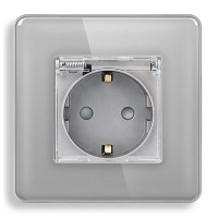 Електрична розетка ELIOS з кришкою IP44, заземлення, сіра, настінна дизайнерська, скляна рамка, 250В 16А
