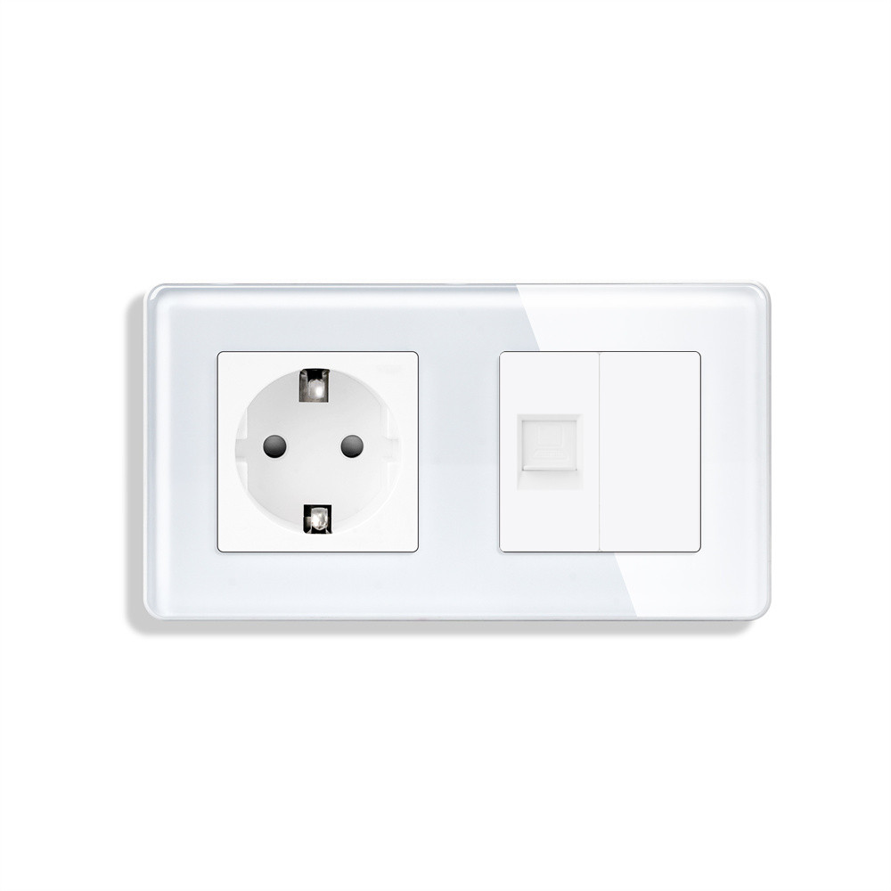 Розетка ELIOS силова + інтернет (RJ-45), біла, настінна дизайнерська, скляна рамка