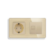 Розетка ELIOS силова + інтернет (RJ-45), золота, настінна дизайнерська, скляна рамка