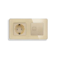Розетка ELIOS силова + інтернет (RJ-45), золота, настінна дизайнерська, скляна рамка