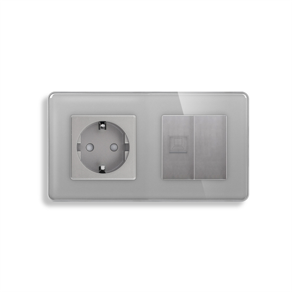 Розетка ELIOS силова + інтернет (RJ-45), сіра, настінна дизайнерська, скляна рамка