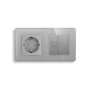 Розетка ELIOS силова + інтернет (RJ-45), сіра, настінна дизайнерська, скляна рамка