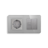 Розетка ELIOS силова + інтернет (RJ-45), сіра, настінна дизайнерська, скляна рамка