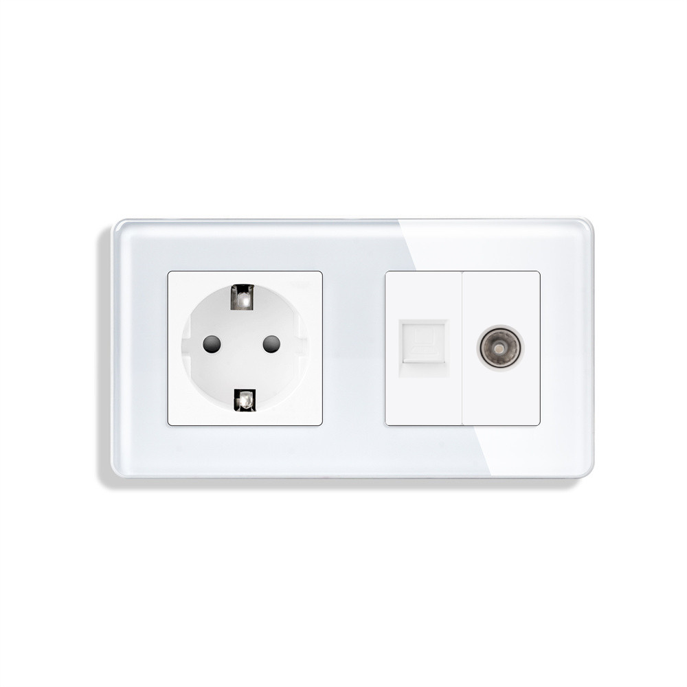 Розетка ELIOS силова + інтернет (RJ-45) + ТВ, біла, настінна дизайнерська, скляна рамка