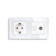 Розетка ELIOS силова + інтернет (RJ-45) + ТВ, біла, настінна дизайнерська, скляна рамка