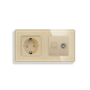 Розетка ELIOS силова + інтернет (RJ-45) + ТВ, золота, настінна дизайнерська, скляна рамка