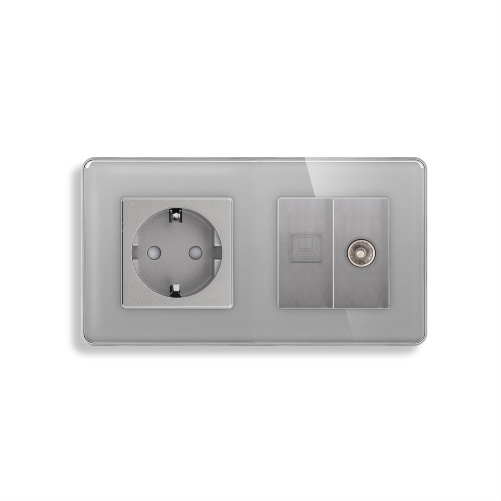 Розетка ELIOS силова + інтернет (RJ-45) + ТВ, сіра, настінна дизайнерська, скляна рамка