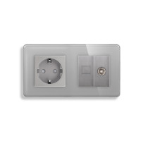 Розетка ELIOS силова + інтернет (RJ-45) + ТВ, сіра, настінна дизайнерська, скляна рамка
