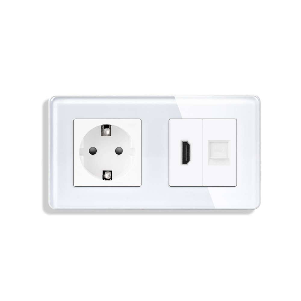 Розетка ELIOS з HDMI і інтернет портом RJ-45, біла, настінна дизайнерська, скляна рамка