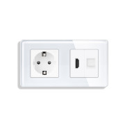 Розетка ELIOS з HDMI і інтернет портом RJ-45, біла, настінна дизайнерська, скляна рамка