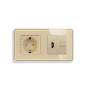 Розетка ELIOS з HDMI і інтернет портом RJ-45, золота, настінна дизайнерська, скляна рамка