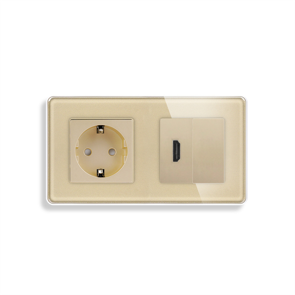 Розетка HDMI ELIOS, золота, настінна дизайнерська, скляна рамка