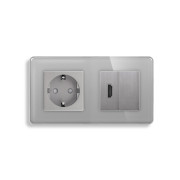 Розетка HDMI ELIOS, сіра, настінна дизайнерська, скляна рамка