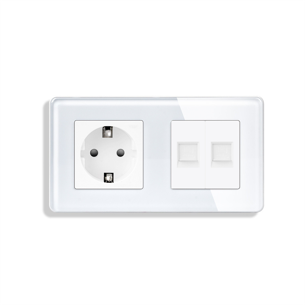 Розетка ELIOS з двома інтернет портами RJ-45, біла, настінна дизайнерська, скляна рамка