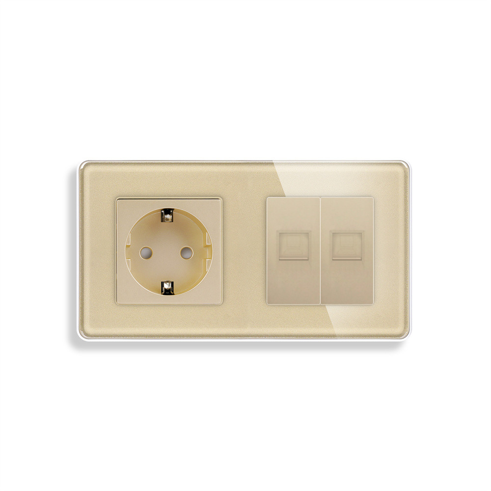 Розетка ELIOS з двома інтернет портами RJ-45, золота, настінна дизайнерська, скляна рамка