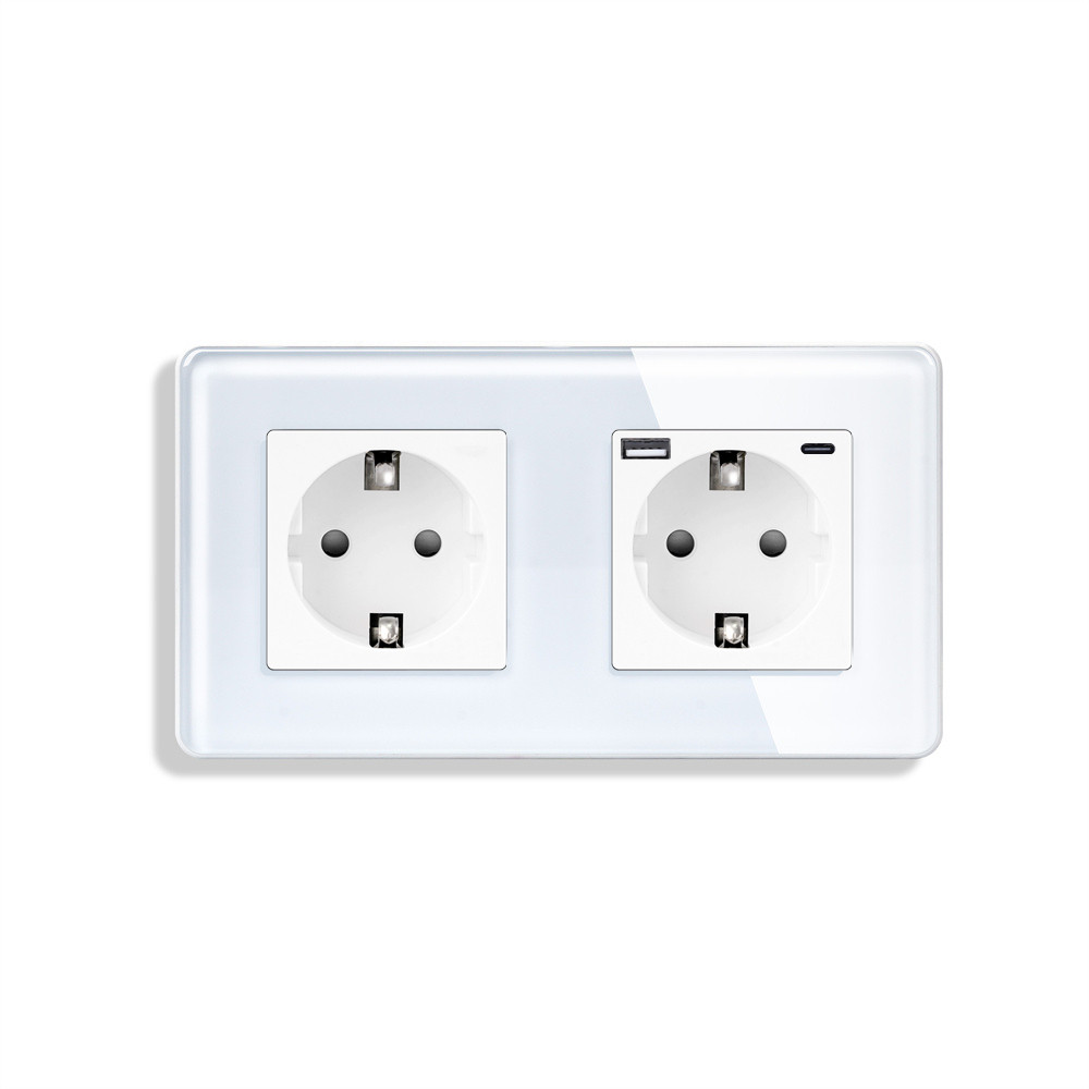 Подвійна розетка ELIOS з USB A+C 20Вт, із заземленням, шторки, біла, скляна рамка, 250В, 16А