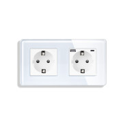 Подвійна розетка ELIOS з USB A+C 20Вт, із заземленням, шторки, біла, скляна рамка, 250В, 16А