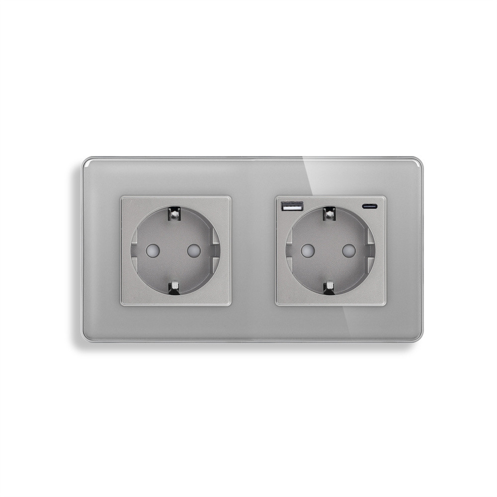 Подвійна розетка ELIOS з USB A+C 20Вт, із заземленням, шторки, сіра, скляна рамка, 250В, 16А