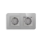 Подвійна розетка ELIOS з USB A+C 20Вт, із заземленням, шторки, сіра, скляна рамка, 250В, 16А