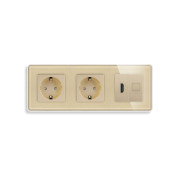 Розетка ELIOS з HDMI і Інтернет RJ-45, золота, настінна, скляна рамка