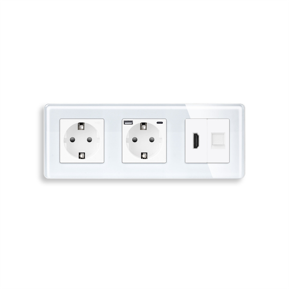 Розетка ELIOS з USB 20Вт, HDMI і Інтернет RJ-45, із заземленням, шторки, біла, скляна рамка, 250В 16А