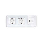 Розетка ELIOS з USB 20Вт, HDMI і Інтернет RJ-45, із заземленням, шторки, біла, скляна рамка, 250В 16А
