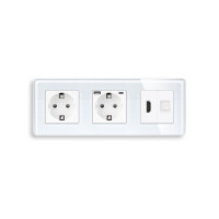 Розетка ELIOS з USB 20Вт, HDMI і Інтернет RJ-45, із заземленням, шторки, біла, скляна рамка, 250В 16А
