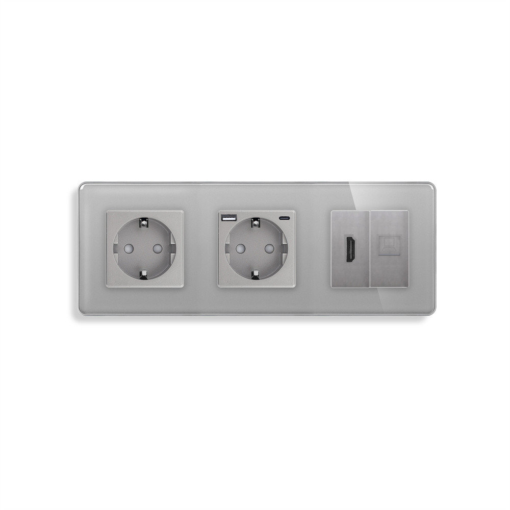 Розетка ELIOS з USB 20Вт, HDMI і Інтернет RJ-45, із заземленням, шторки, сіра, скляна рамка, 250В 16А
