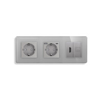 Розетка ELIOS з USB 20Вт, HDMI і Інтернет RJ-45, із заземленням, шторки, сіра, скляна рамка, 250В 16А