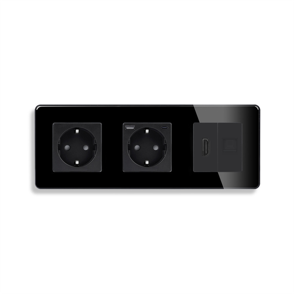 Розетка ELIOS з USB 20Вт, HDMI і Інтернет RJ-45, із заземленням, шторки, чорна, скляна рамка, 250В 16А