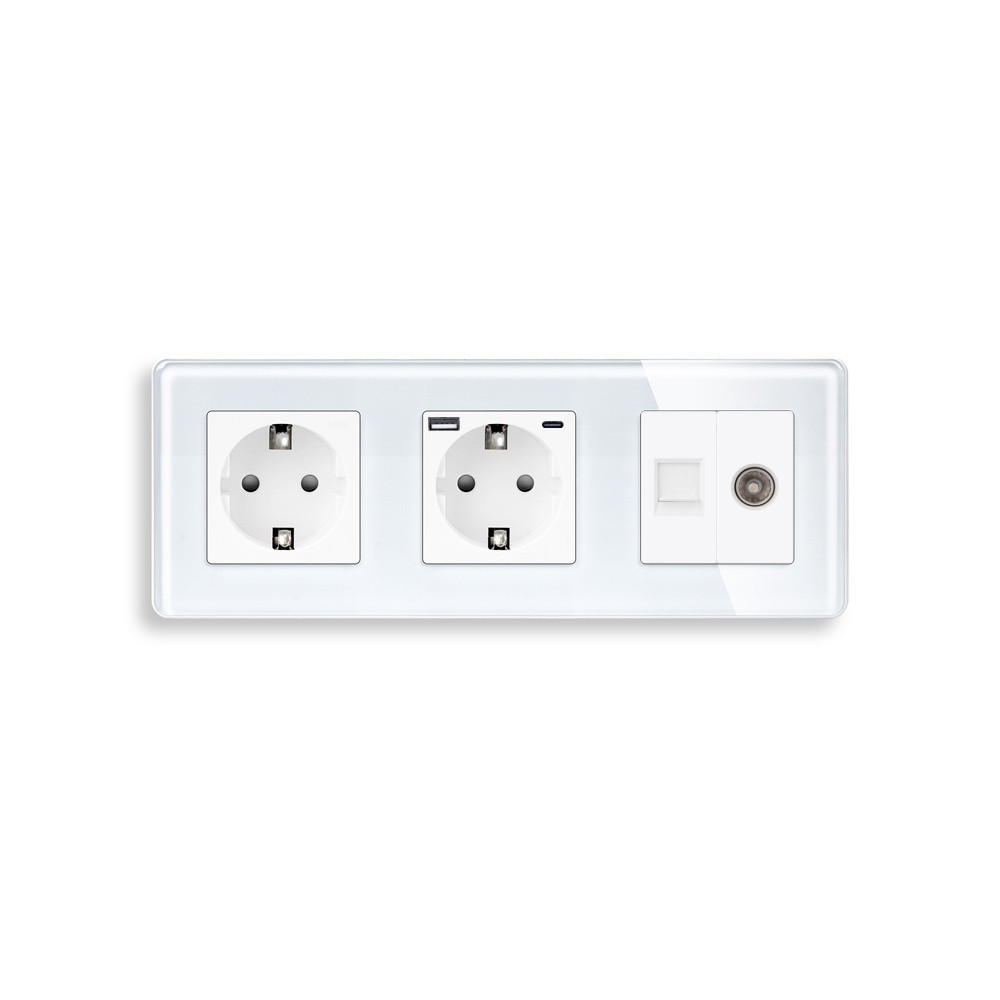 Розетка ELIOS з USB 20Вт, Інтернет RJ-45 і ТВ виходом, із заземленням, шторки, біла, скляна рамка, 250В 16А