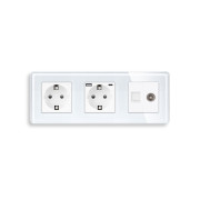 Розетка ELIOS з USB 20Вт, Інтернет RJ-45 і ТВ виходом, із заземленням, шторки, біла, скляна рамка, 250В 16А