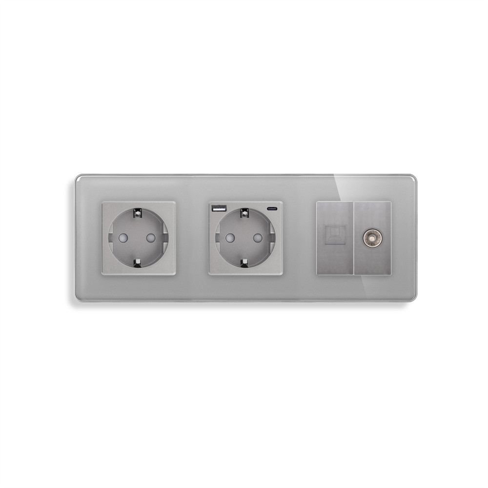 Розетка ELIOS з USB 20Вт, Інтернет RJ-45 і ТВ виходом, із заземленням, шторки, сіра, скляна рамка, 250В 16А