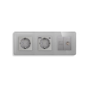 Розетка ELIOS з USB 20Вт, Інтернет RJ-45 і ТВ виходом, із заземленням, шторки, сіра, скляна рамка, 250В 16А