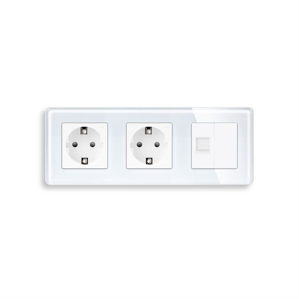 Розетка тримісна ELIOS Силова + Інтернет RJ-45, біла, настінна, скляна рамка