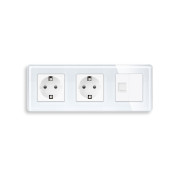 Розетка тримісна ELIOS Силова + Інтернет RJ-45, біла, настінна, скляна рамка