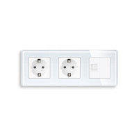 Розетка тримісна ELIOS Силова + Інтернет RJ-45, біла, настінна, скляна рамка
