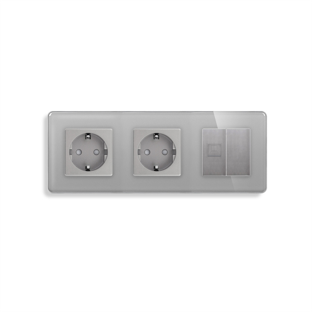 Розетка тримісна ELIOS Силова + Інтернет RJ-45, сіра, настінна, скляна рамка