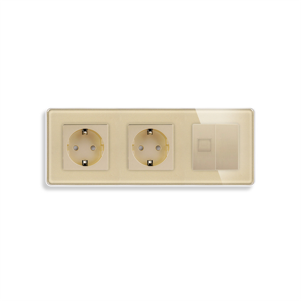 Розетка тримісна ELIOS Силова + Інтернет RJ-45, золота, настінна, скляна рамка