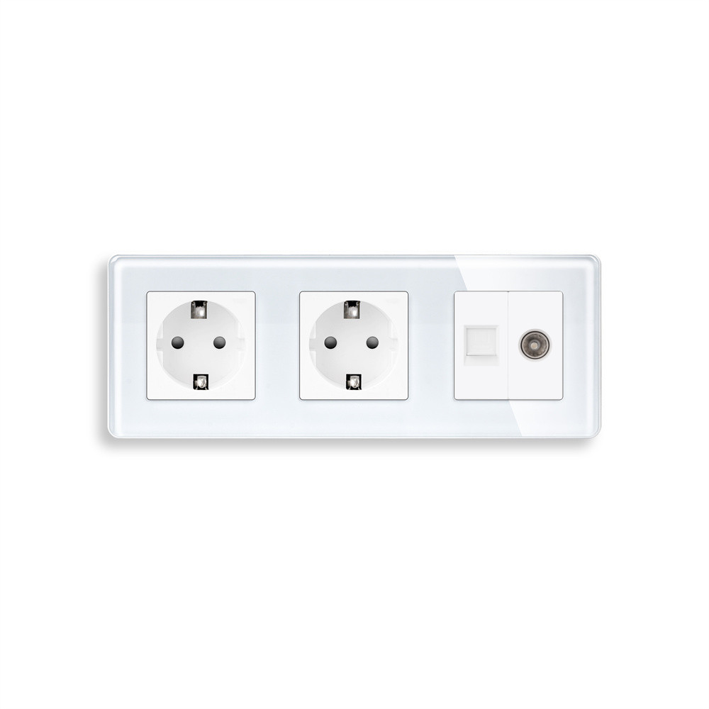Розетка тримісна ELIOS Силова + Інтернет RJ-45 + ТБ, біла, настінна, скляна рамка