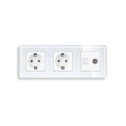 Розетка тримісна ELIOS Силова + Інтернет RJ-45 + ТБ, біла, настінна, скляна рамка