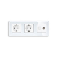 Розетка тримісна ELIOS Силова + Інтернет RJ-45 + ТБ, біла, настінна, скляна рамка