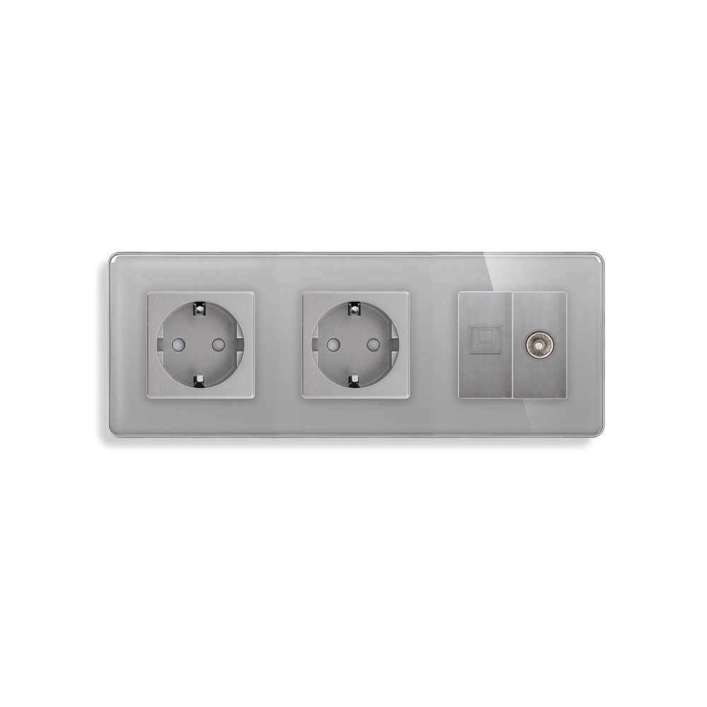 Розетка тримісна ELIOS Силова + Інтернет RJ-45 + ТБ, сіра, настінна, скляна рамка