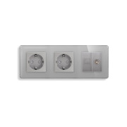 Розетка тримісна ELIOS Силова + Інтернет RJ-45 + ТБ, сіра, настінна, скляна рамка
